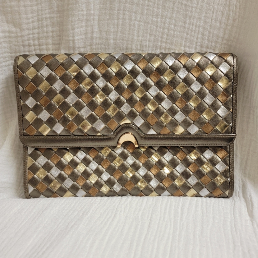 Morris Moskowitz Vintage Genuine Leather Metallic Woven Clutch
